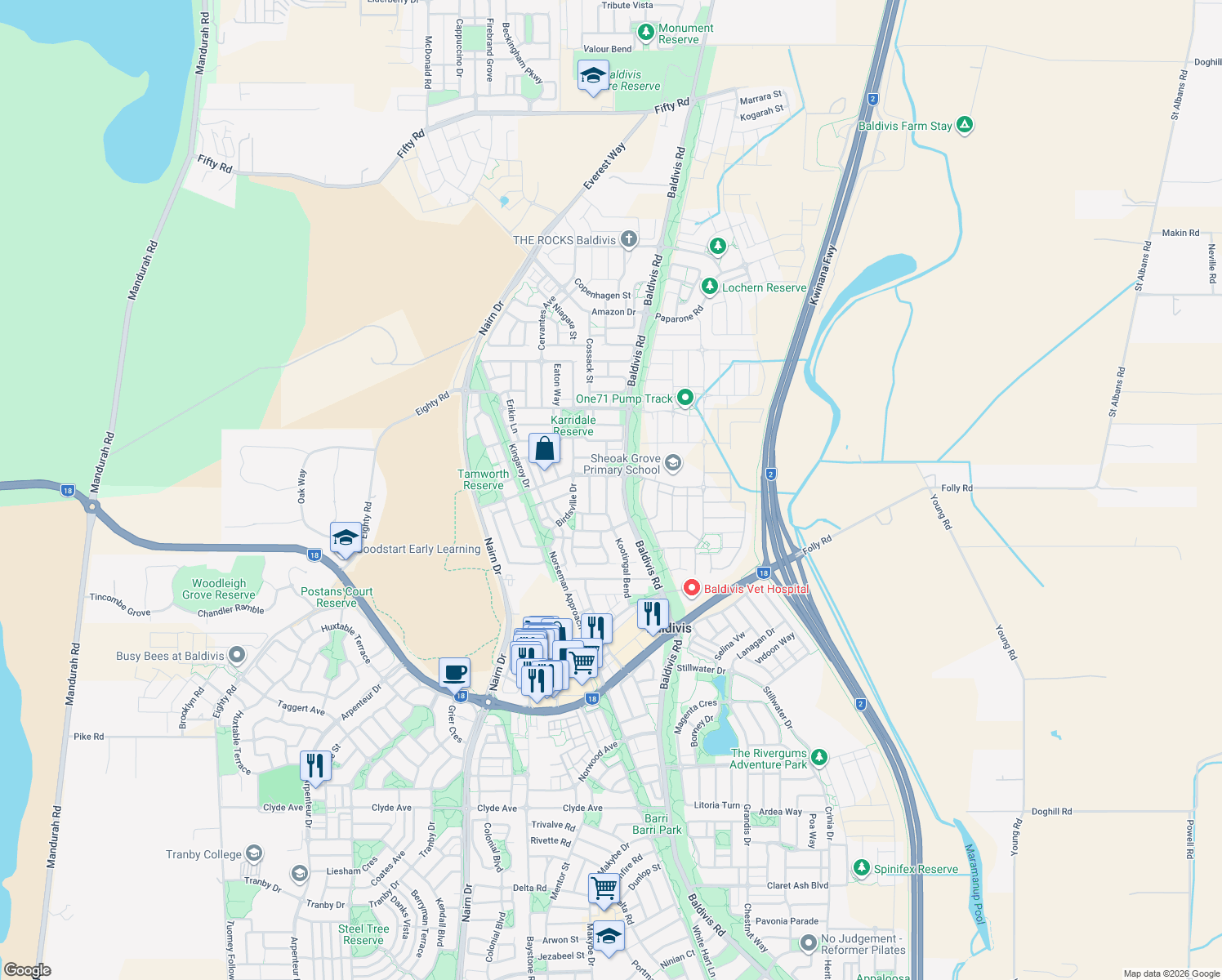 map of restaurants, bars, coffee shops, grocery stores, and more near 5 Curlewis Drive in Baldivis