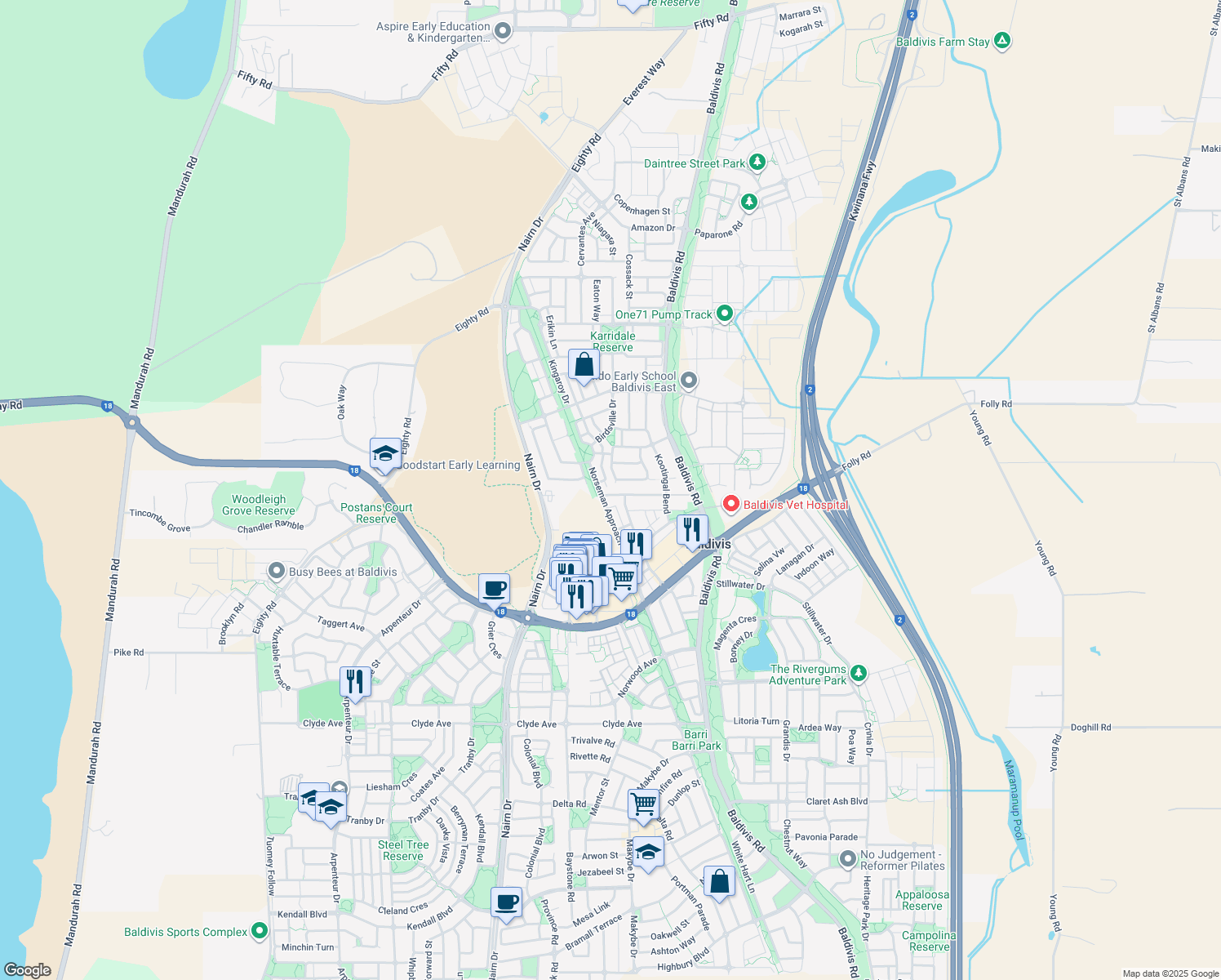 map of restaurants, bars, coffee shops, grocery stores, and more near 7 Grafton Rise in Baldivis