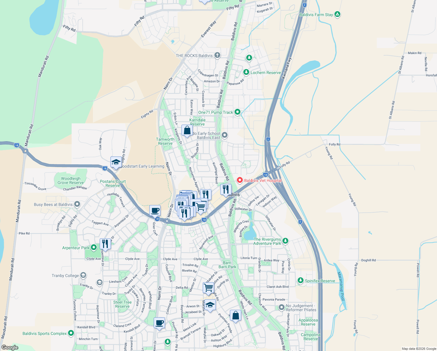 map of restaurants, bars, coffee shops, grocery stores, and more near 33 Kootingal Bend in Baldivis