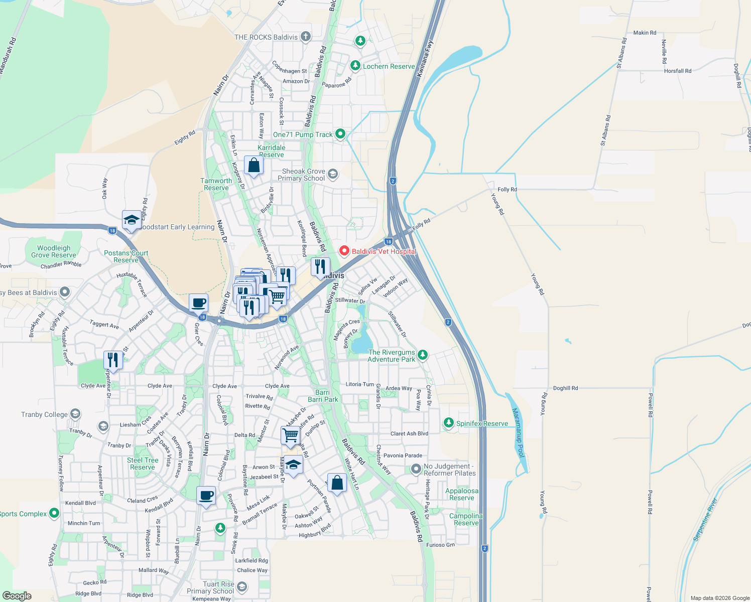 map of restaurants, bars, coffee shops, grocery stores, and more near 13 Stillwater Drive in Baldivis