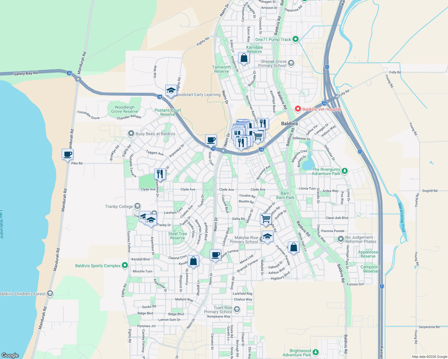 map of restaurants, bars, coffee shops, grocery stores, and more near 28 Addison Avenue in Baldivis