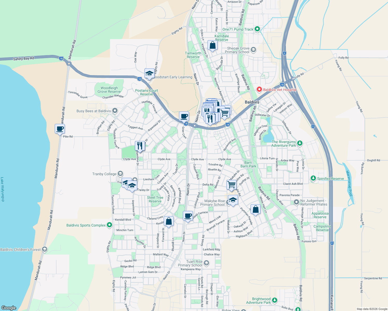 map of restaurants, bars, coffee shops, grocery stores, and more near 4 Esmerelda Rise in Baldivis