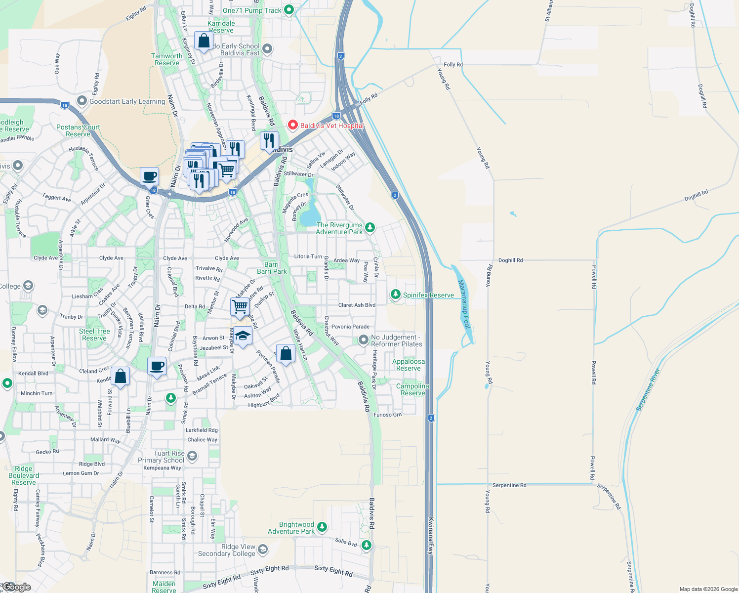 map of restaurants, bars, coffee shops, grocery stores, and more near 16 Starflower Way in Baldivis