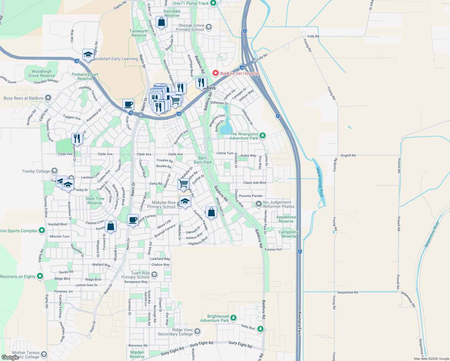 map of restaurants, bars, coffee shops, grocery stores, and more near 7 Claret Ash Boulevard in Baldivis