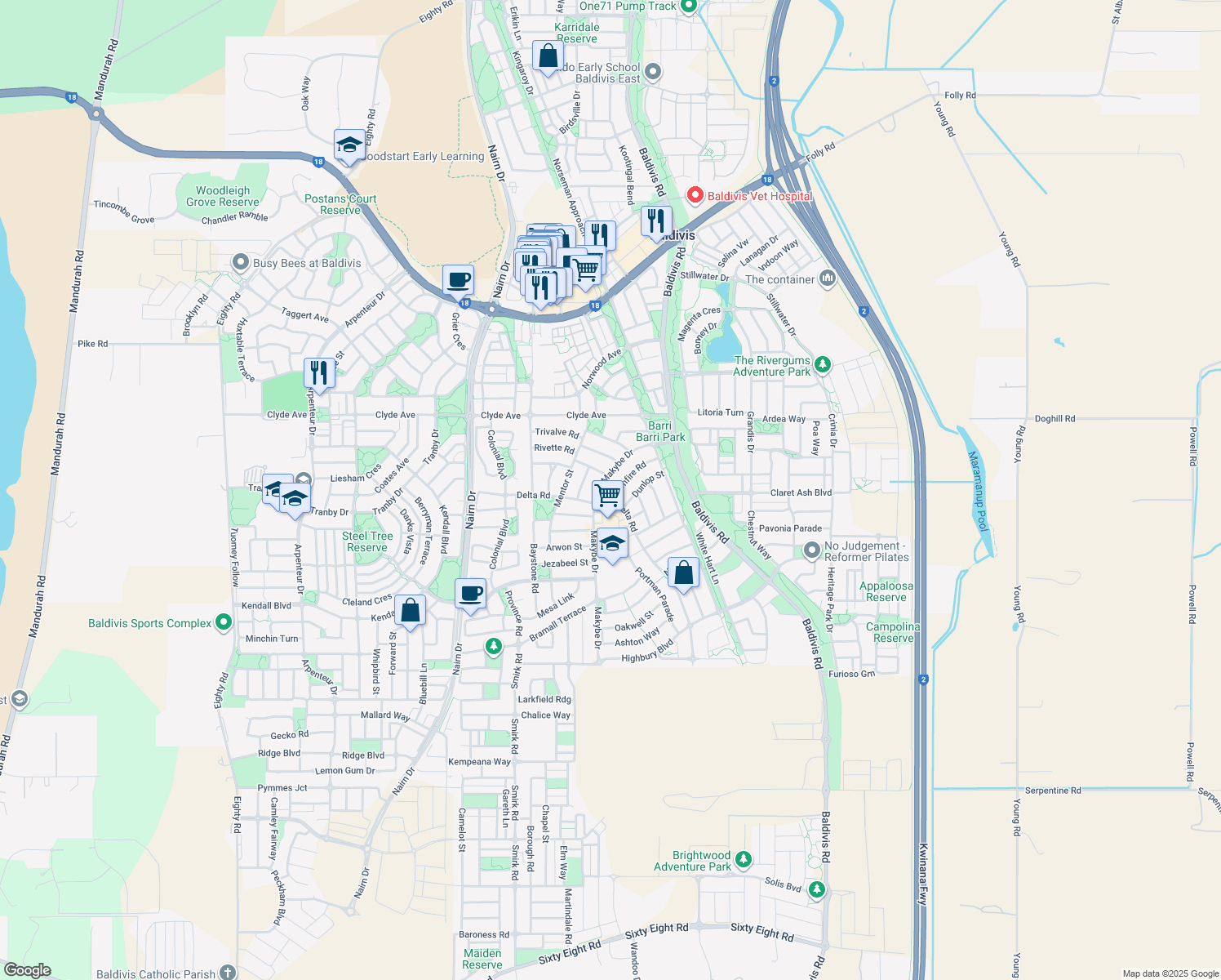 map of restaurants, bars, coffee shops, grocery stores, and more near 32 Rimfire Road in Baldivis
