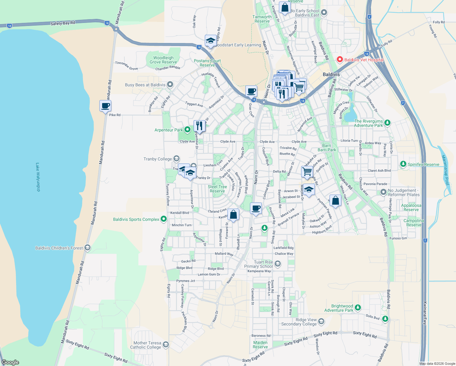 map of restaurants, bars, coffee shops, grocery stores, and more near 10 Waring Heights in Baldivis