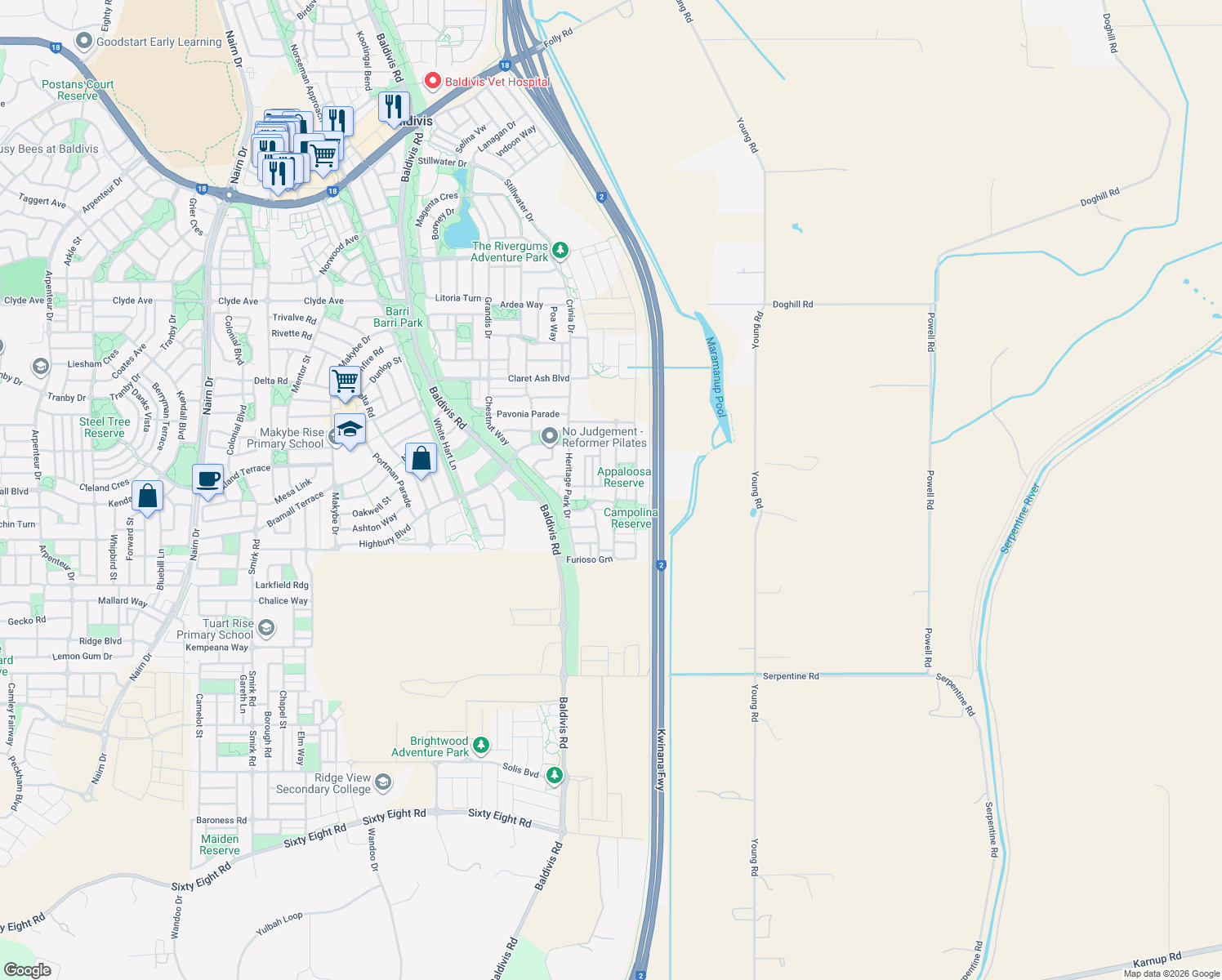 map of restaurants, bars, coffee shops, grocery stores, and more near 32 Campolina Avenue in Baldivis