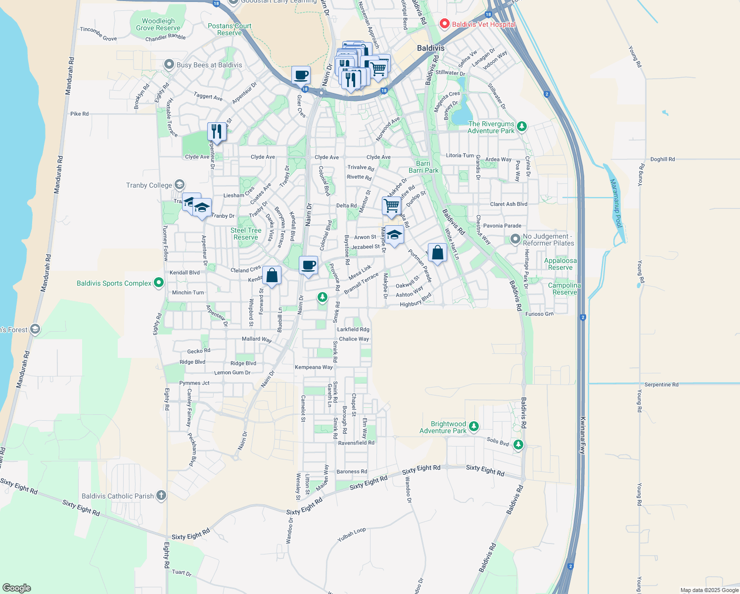 map of restaurants, bars, coffee shops, grocery stores, and more near 19 Lionel Parade in Baldivis