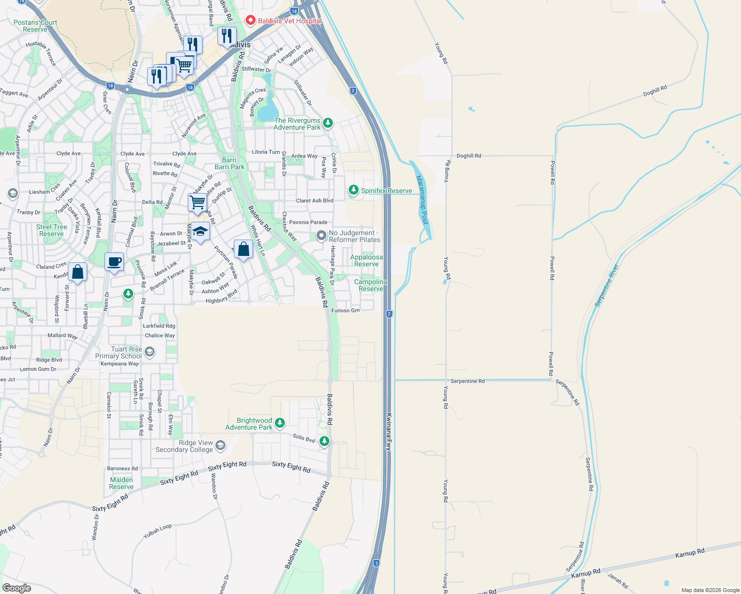 map of restaurants, bars, coffee shops, grocery stores, and more near 11 Noriker Link in Baldivis