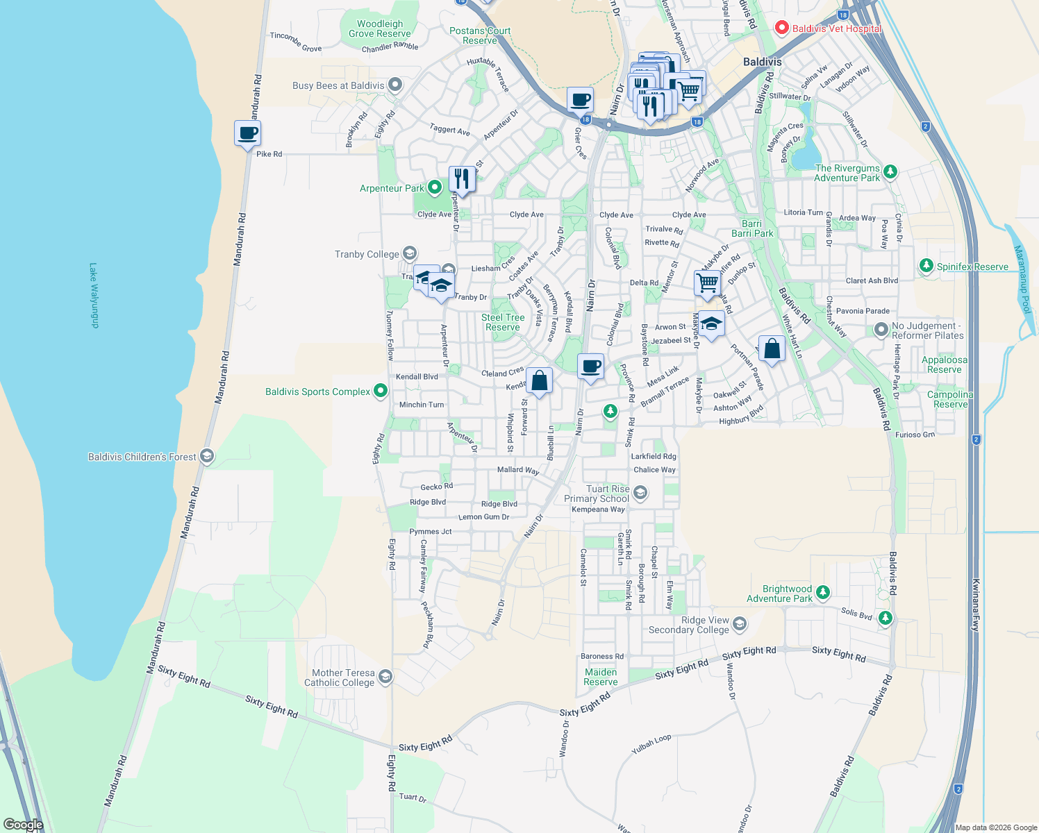 map of restaurants, bars, coffee shops, grocery stores, and more near 40 Forward Street in Baldivis