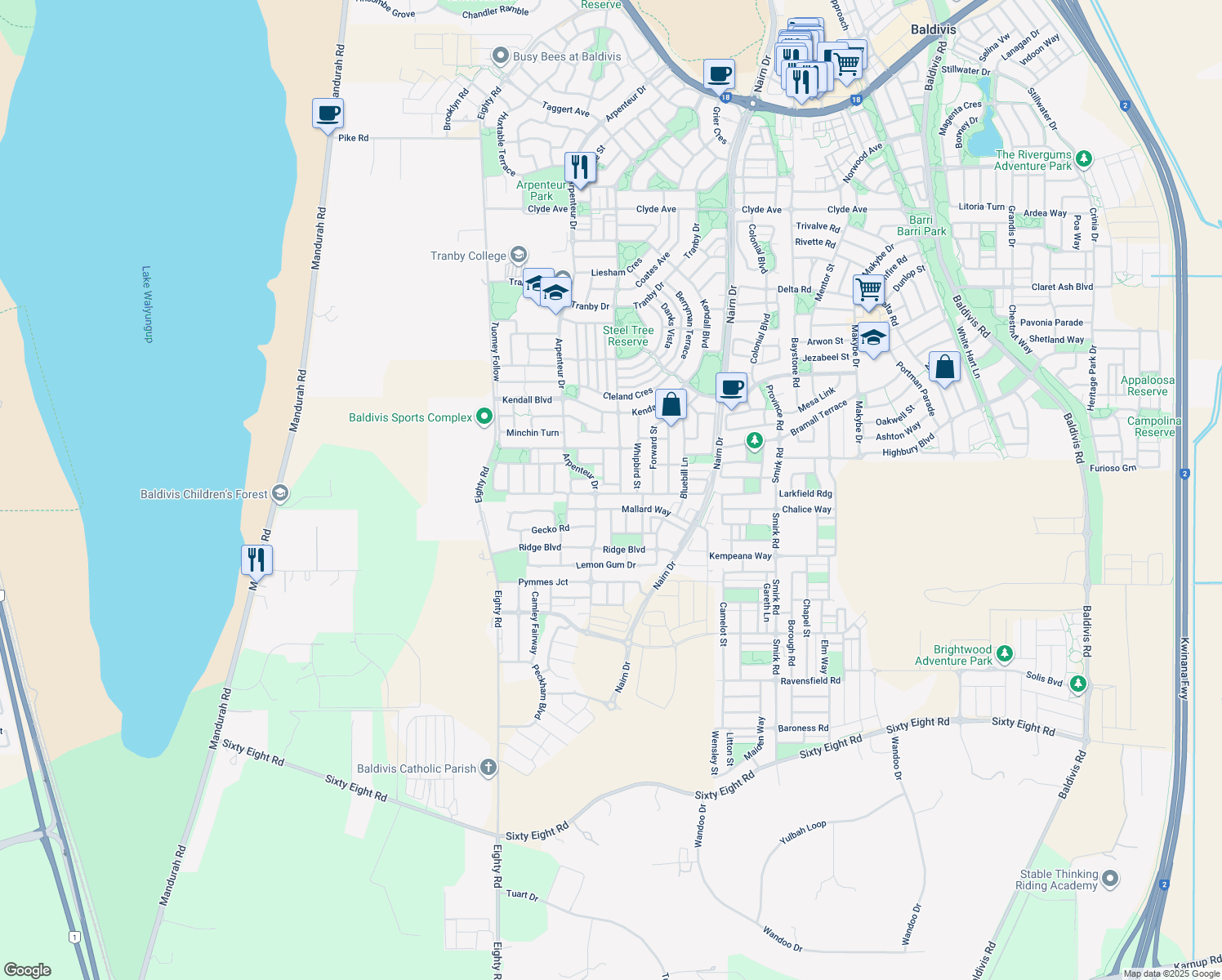map of restaurants, bars, coffee shops, grocery stores, and more near 13 Bristlebird Approach in Baldivis