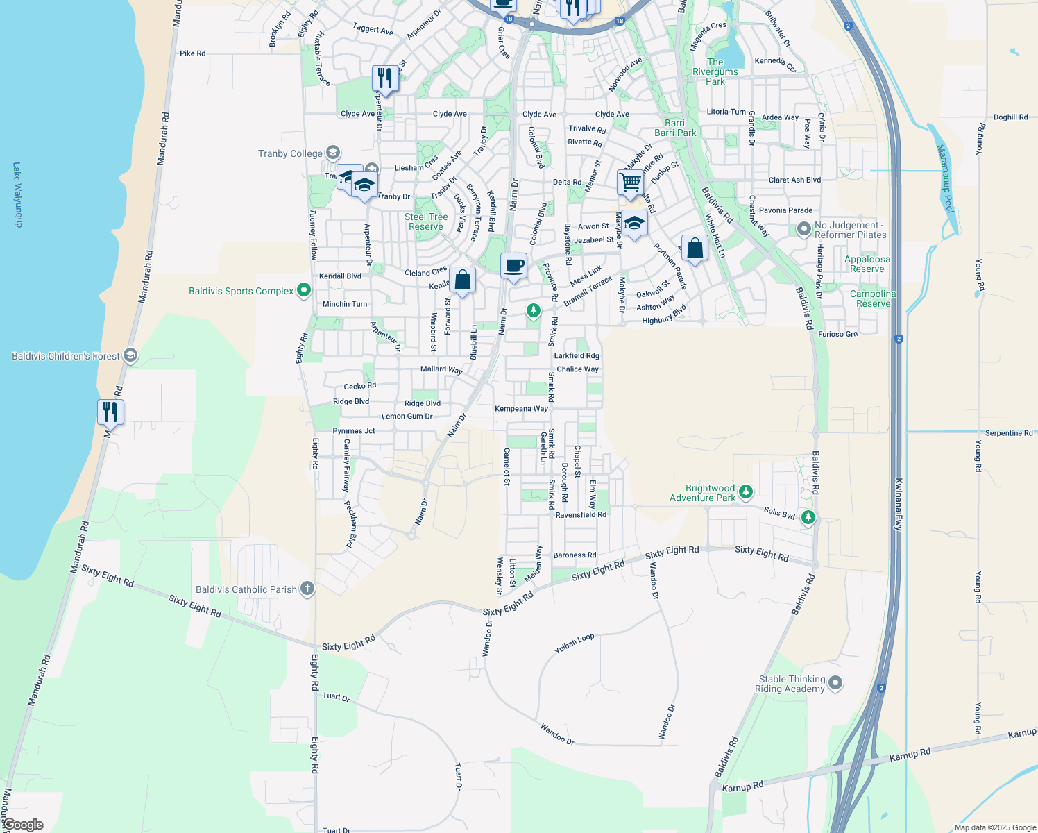 map of restaurants, bars, coffee shops, grocery stores, and more near 4 Regelia Way in Baldivis