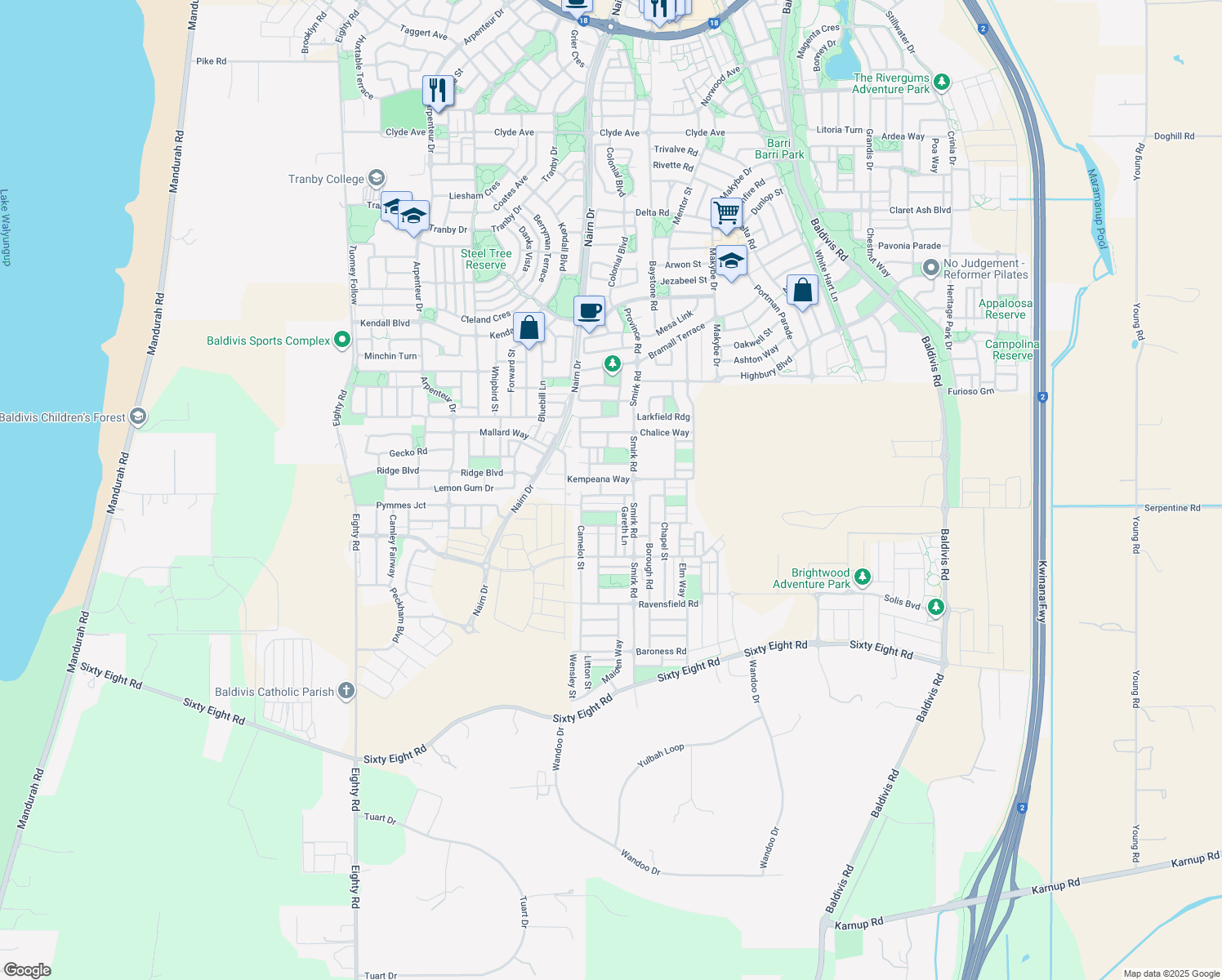 map of restaurants, bars, coffee shops, grocery stores, and more near 10 Camelot Street in Baldivis