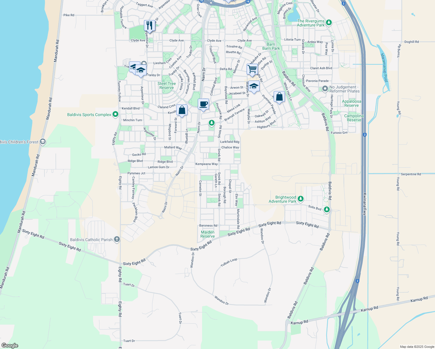 map of restaurants, bars, coffee shops, grocery stores, and more near 85 Smirk Road in Baldivis