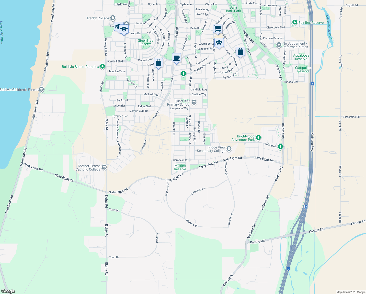 map of restaurants, bars, coffee shops, grocery stores, and more near 18 Ravensfield Road in Baldivis