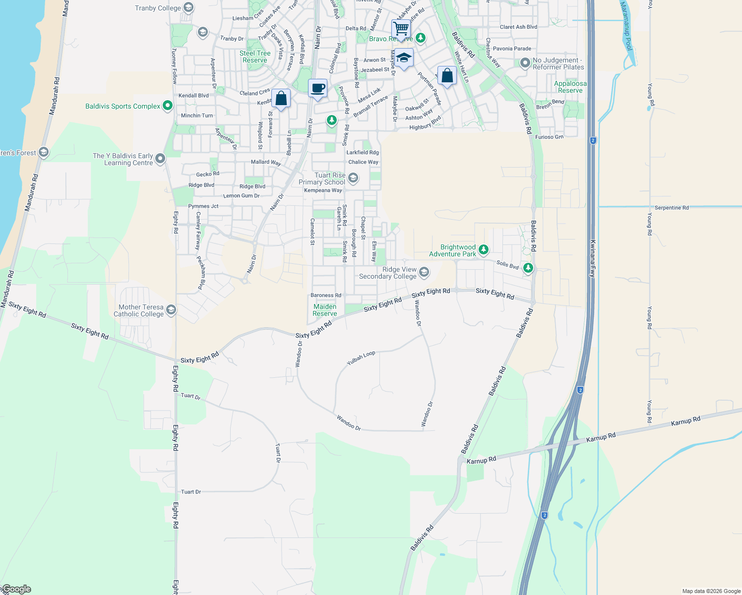map of restaurants, bars, coffee shops, grocery stores, and more near 68 Baroness Road in Baldivis