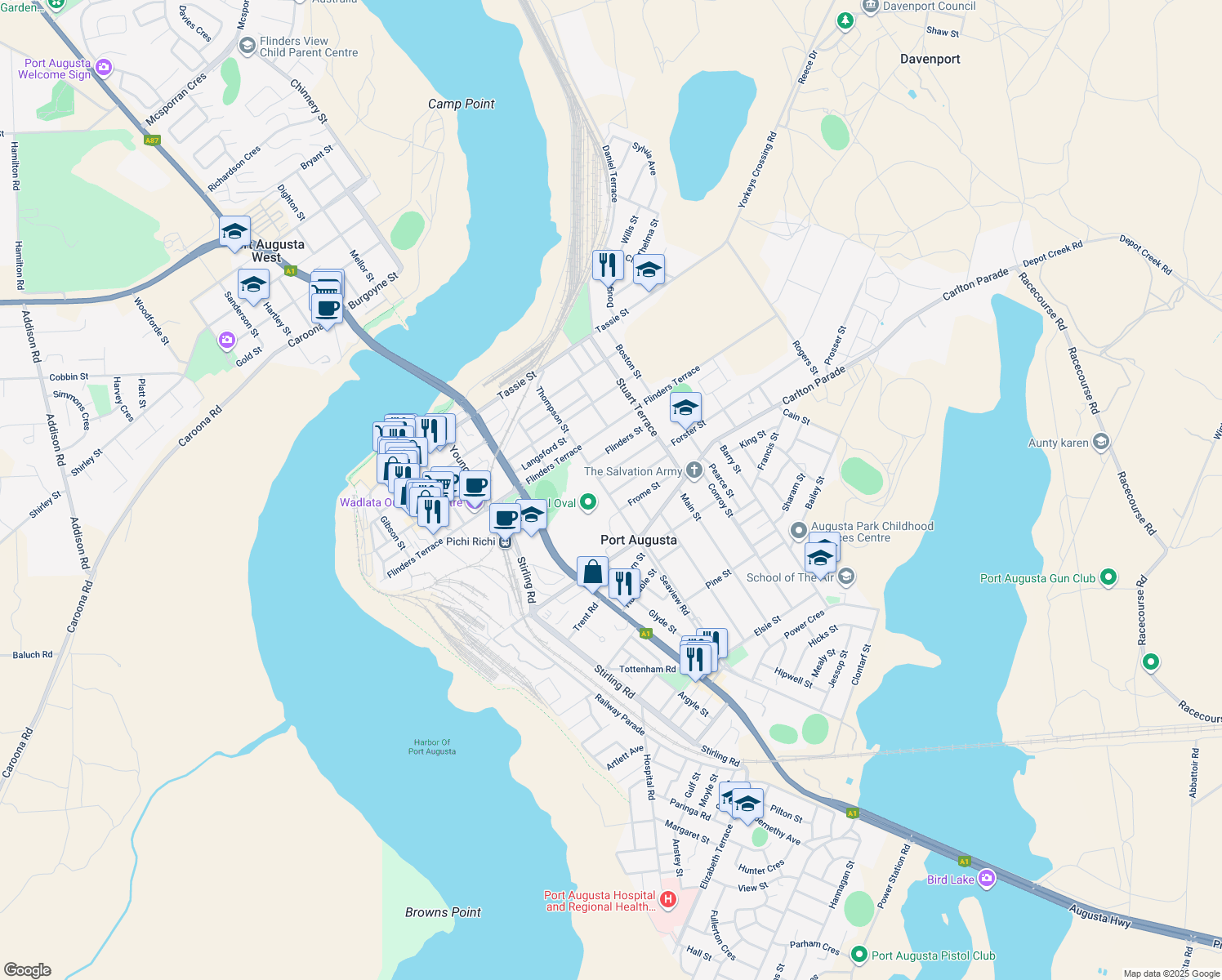 map of restaurants, bars, coffee shops, grocery stores, and more near 29 Augusta Terrace in Port Augusta