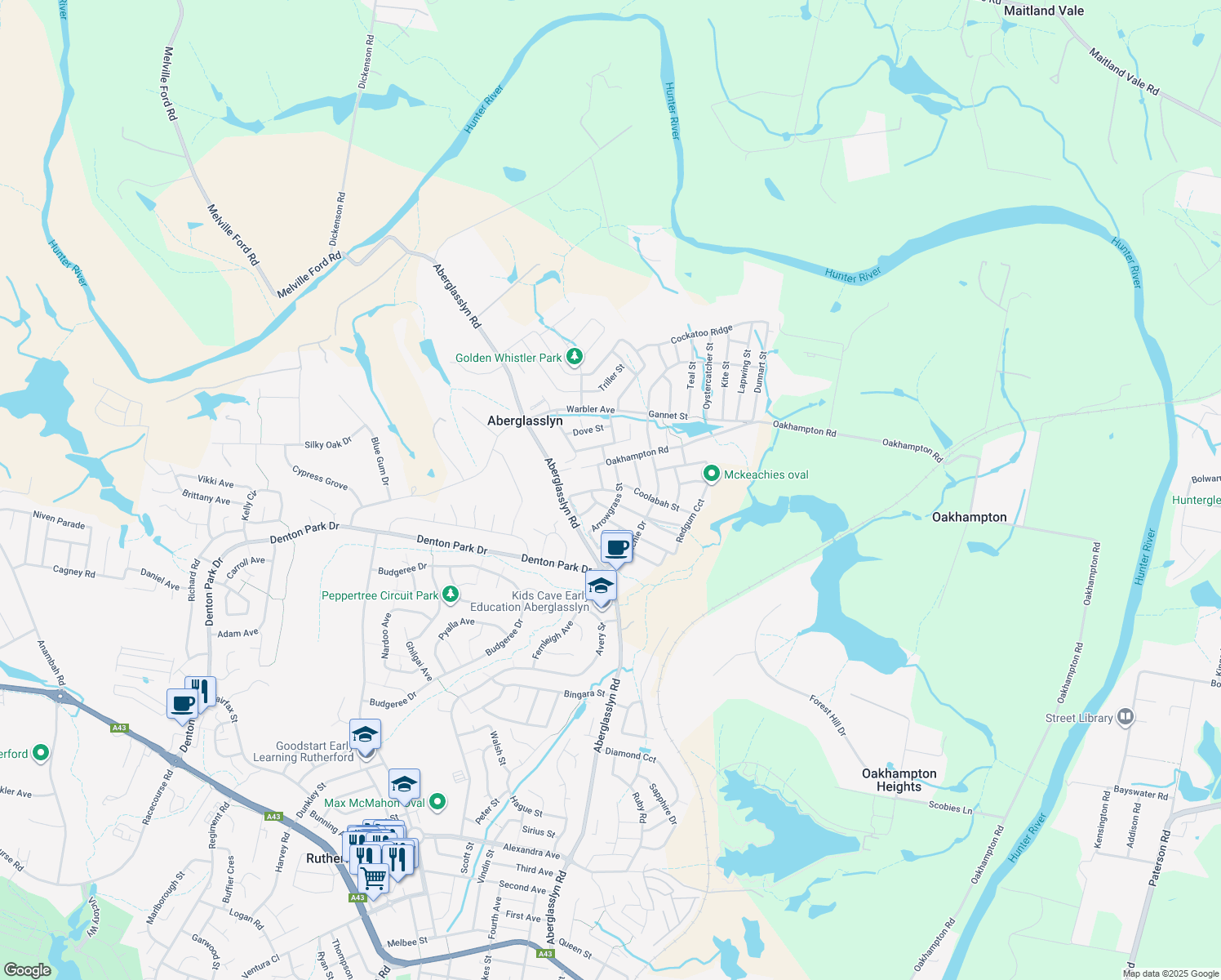 map of restaurants, bars, coffee shops, grocery stores, and more near Honeysuckle Drive in Aberglasslyn