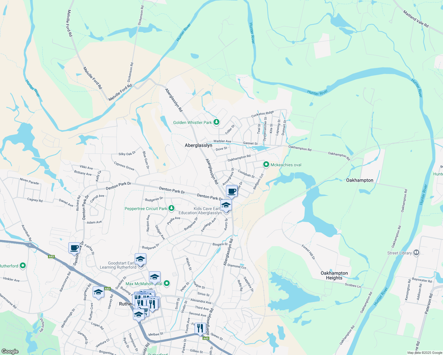 map of restaurants, bars, coffee shops, grocery stores, and more near Honeysuckle Drive in Aberglasslyn