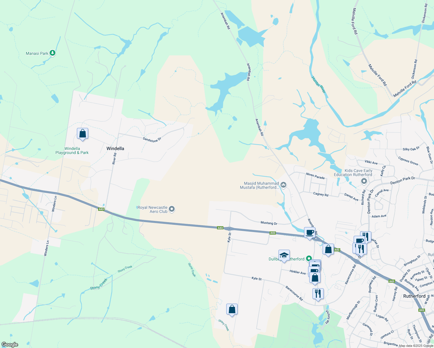 map of restaurants, bars, coffee shops, grocery stores, and more near 604 New England Highway in Rutherford