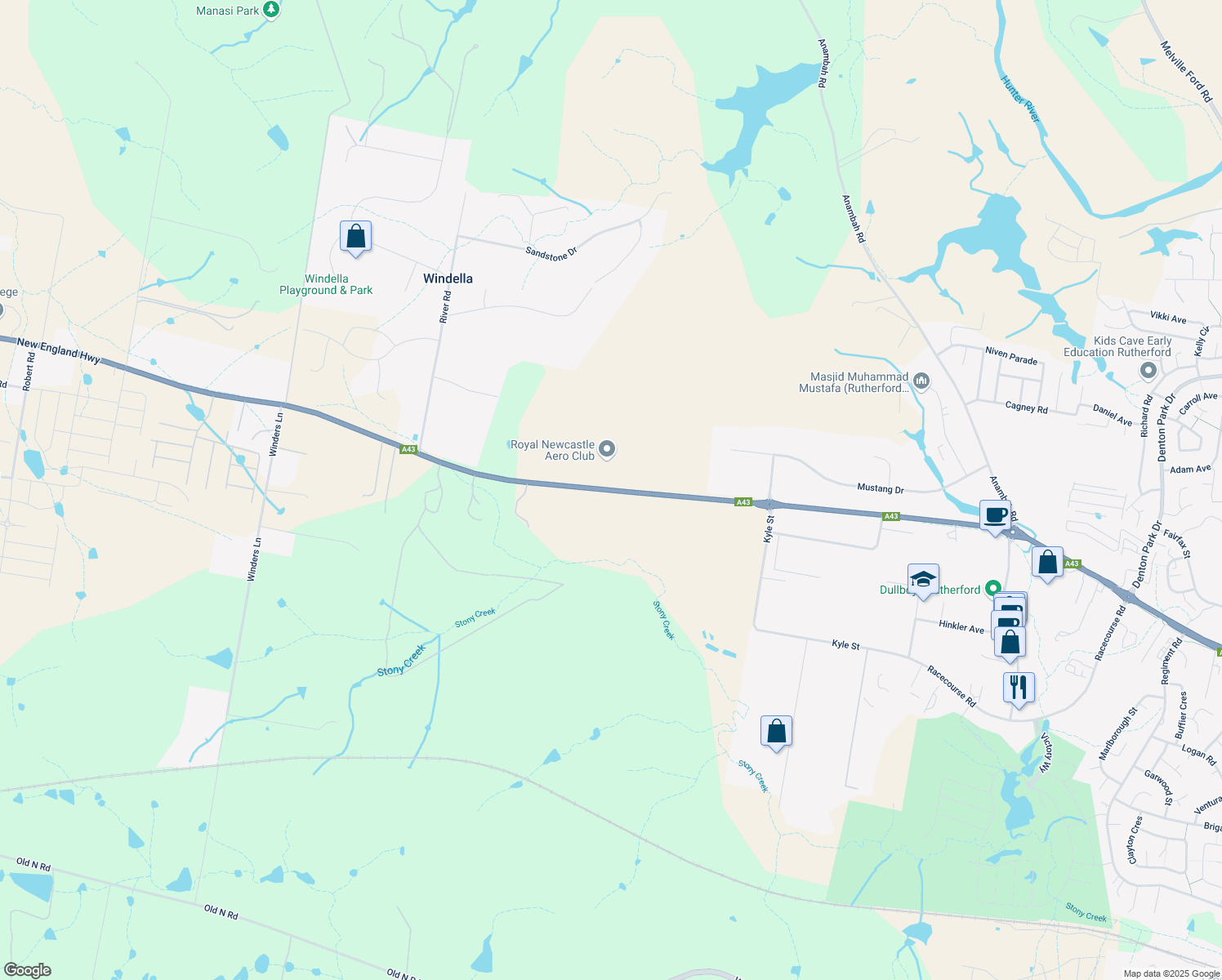 map of restaurants, bars, coffee shops, grocery stores, and more near 604 New England Highway in Rutherford