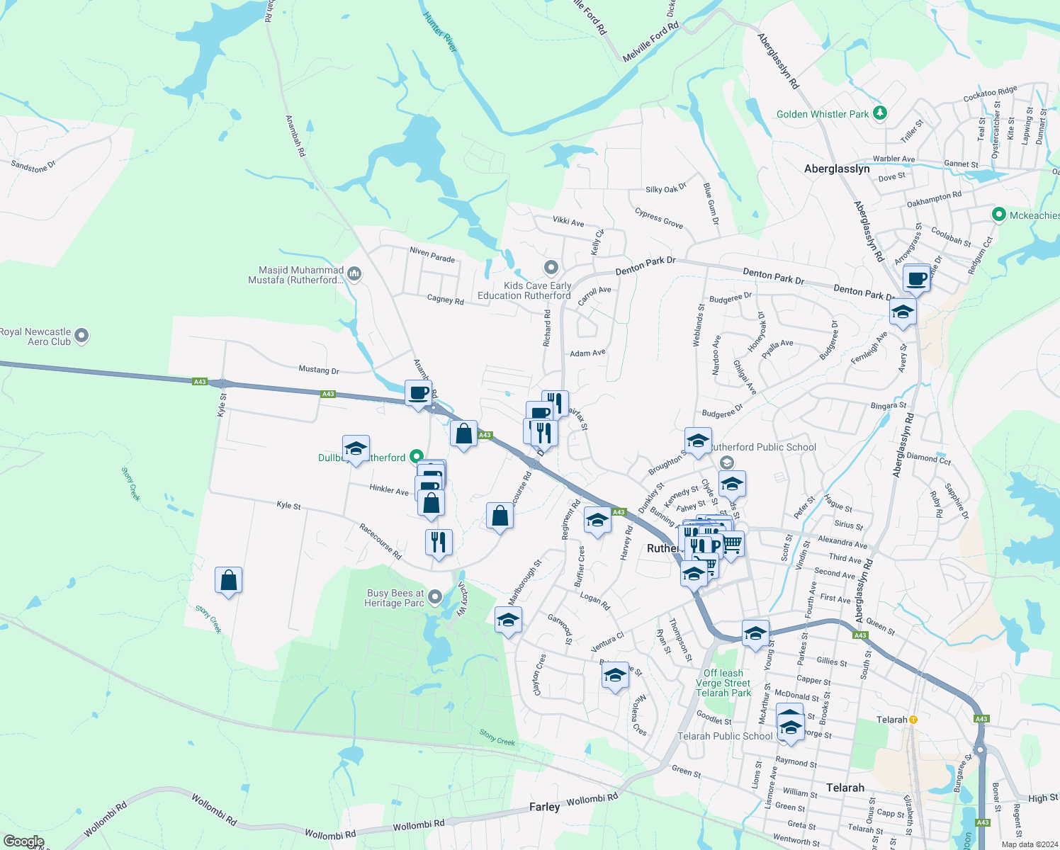 map of restaurants, bars, coffee shops, grocery stores, and more near 12 Denton Park Drive in Rutherford