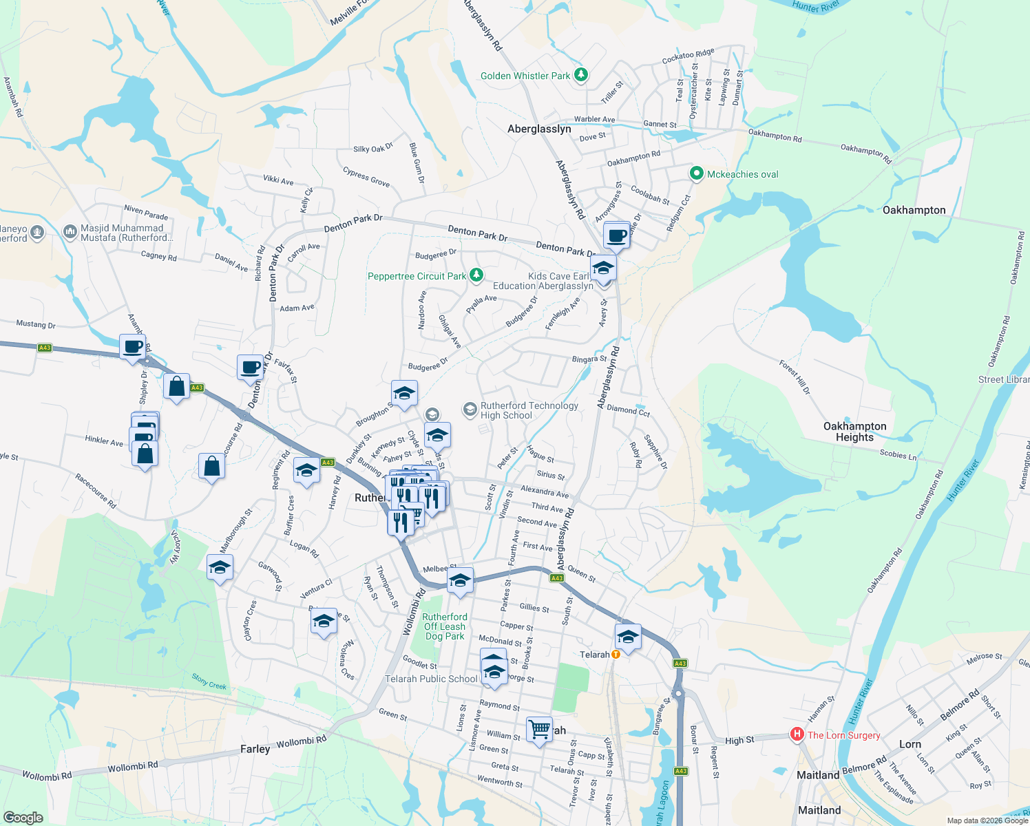 map of restaurants, bars, coffee shops, grocery stores, and more near 12 Walsh Street in Rutherford