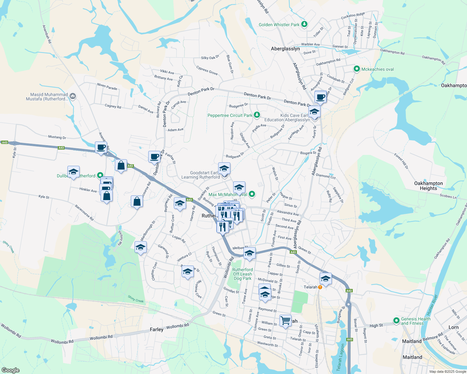map of restaurants, bars, coffee shops, grocery stores, and more near 70 Weblands Street in Rutherford