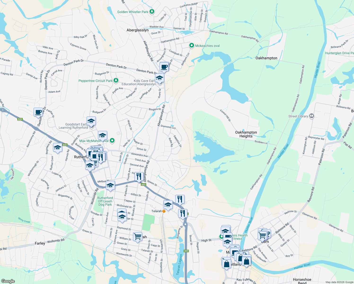 map of restaurants, bars, coffee shops, grocery stores, and more near 1 Topaz Way in Rutherford