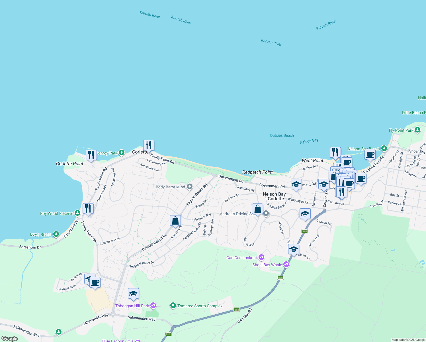 map of restaurants, bars, coffee shops, grocery stores, and more near 150 Government Road in Corlette