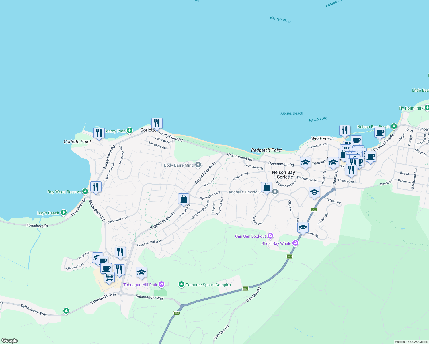 map of restaurants, bars, coffee shops, grocery stores, and more near 44 Bonito Street in Corlette