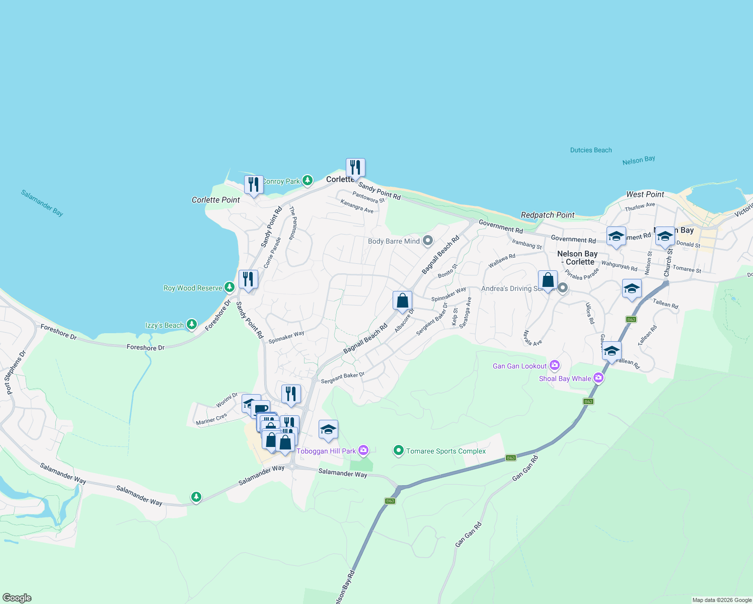 map of restaurants, bars, coffee shops, grocery stores, and more near in Port Stephens Council