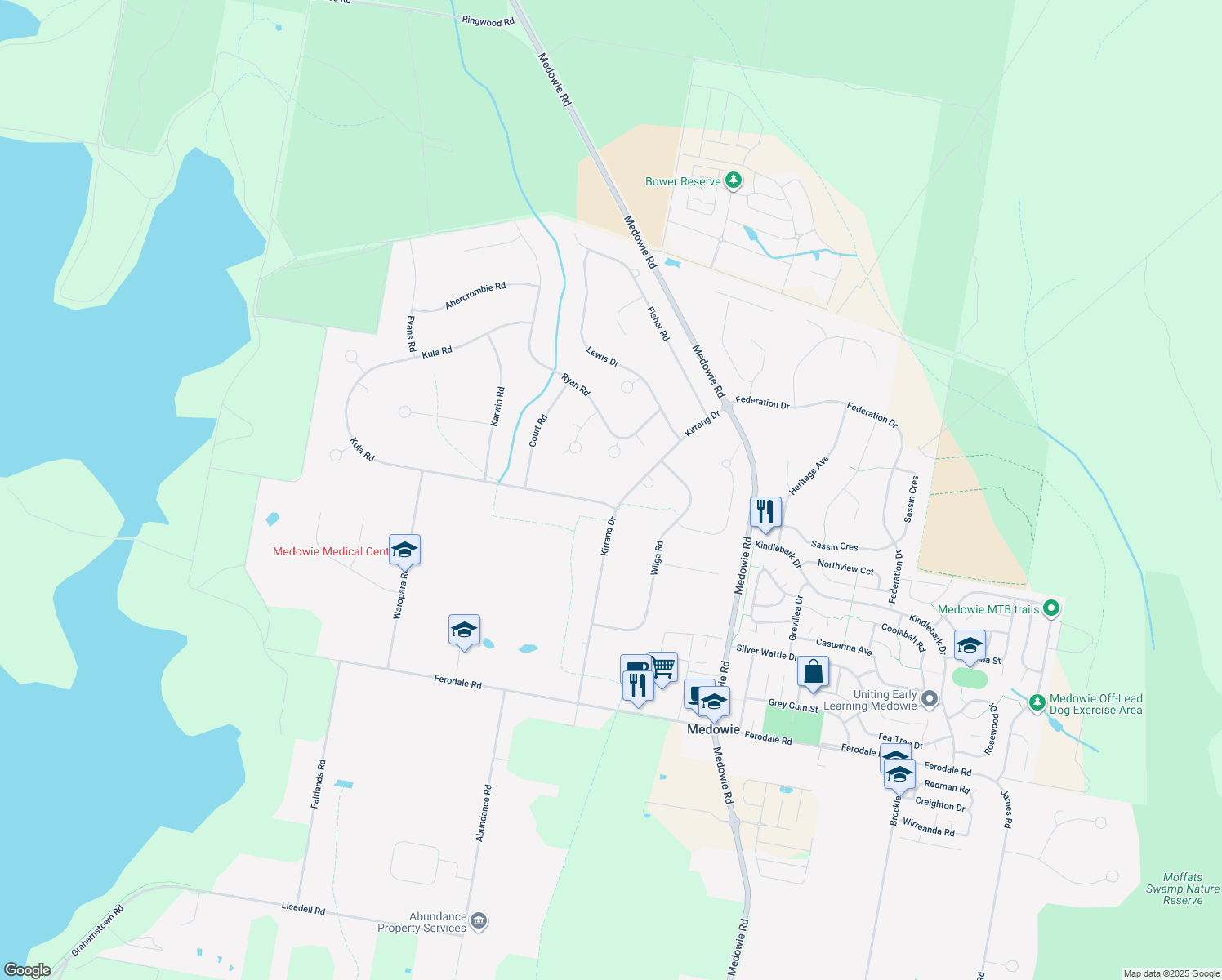 map of restaurants, bars, coffee shops, grocery stores, and more near 0 Kula Road in Medowie