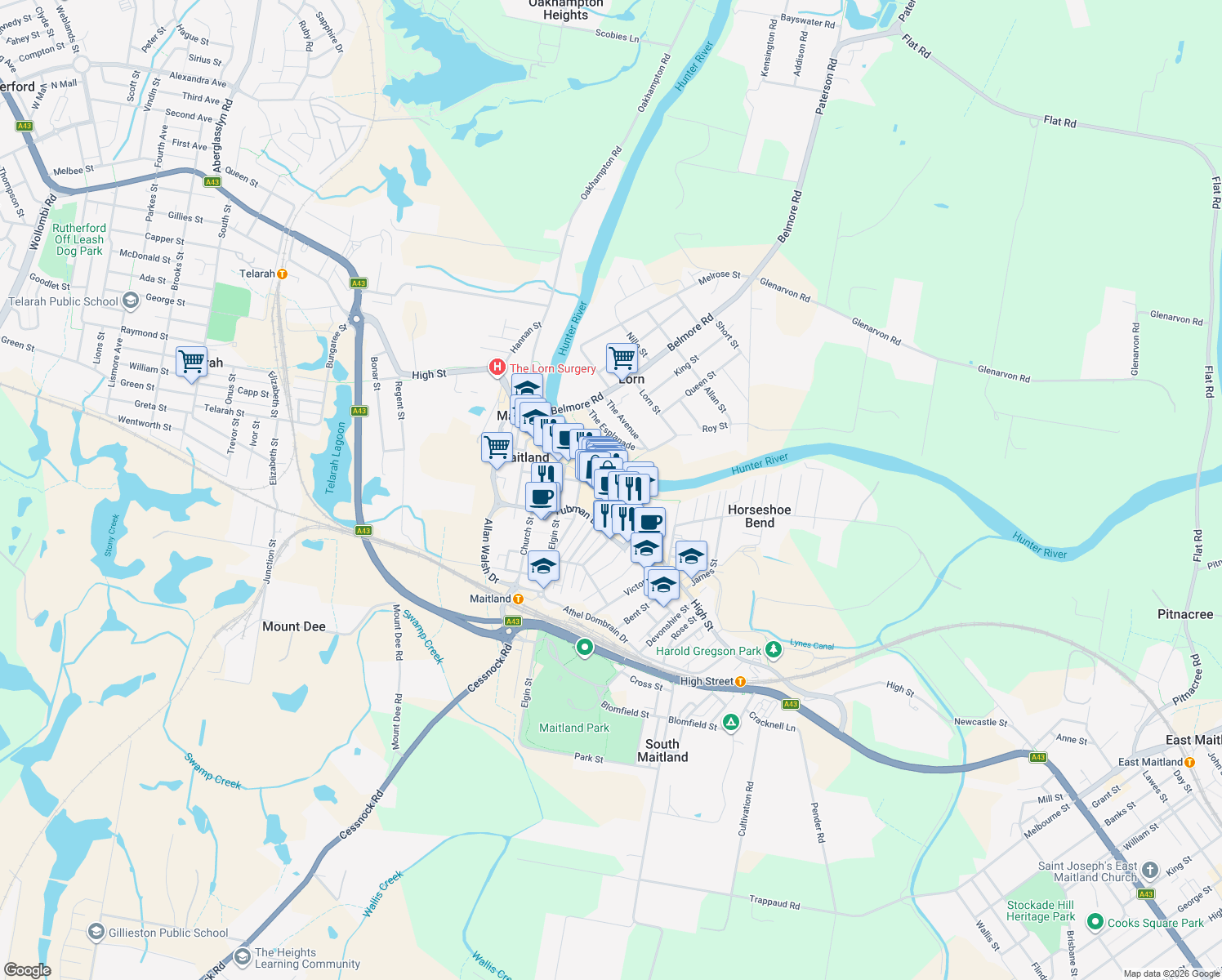 map of restaurants, bars, coffee shops, grocery stores, and more near 344 The Levee in Maitland