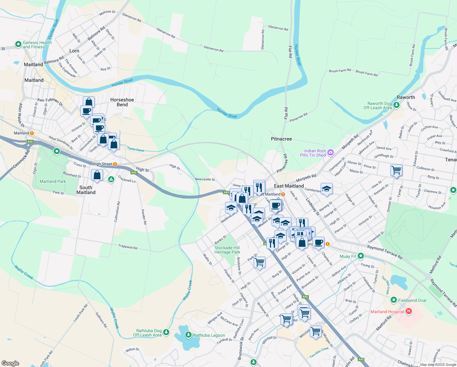 map of restaurants, bars, coffee shops, grocery stores, and more near 25 Fitzroy Street in East Maitland