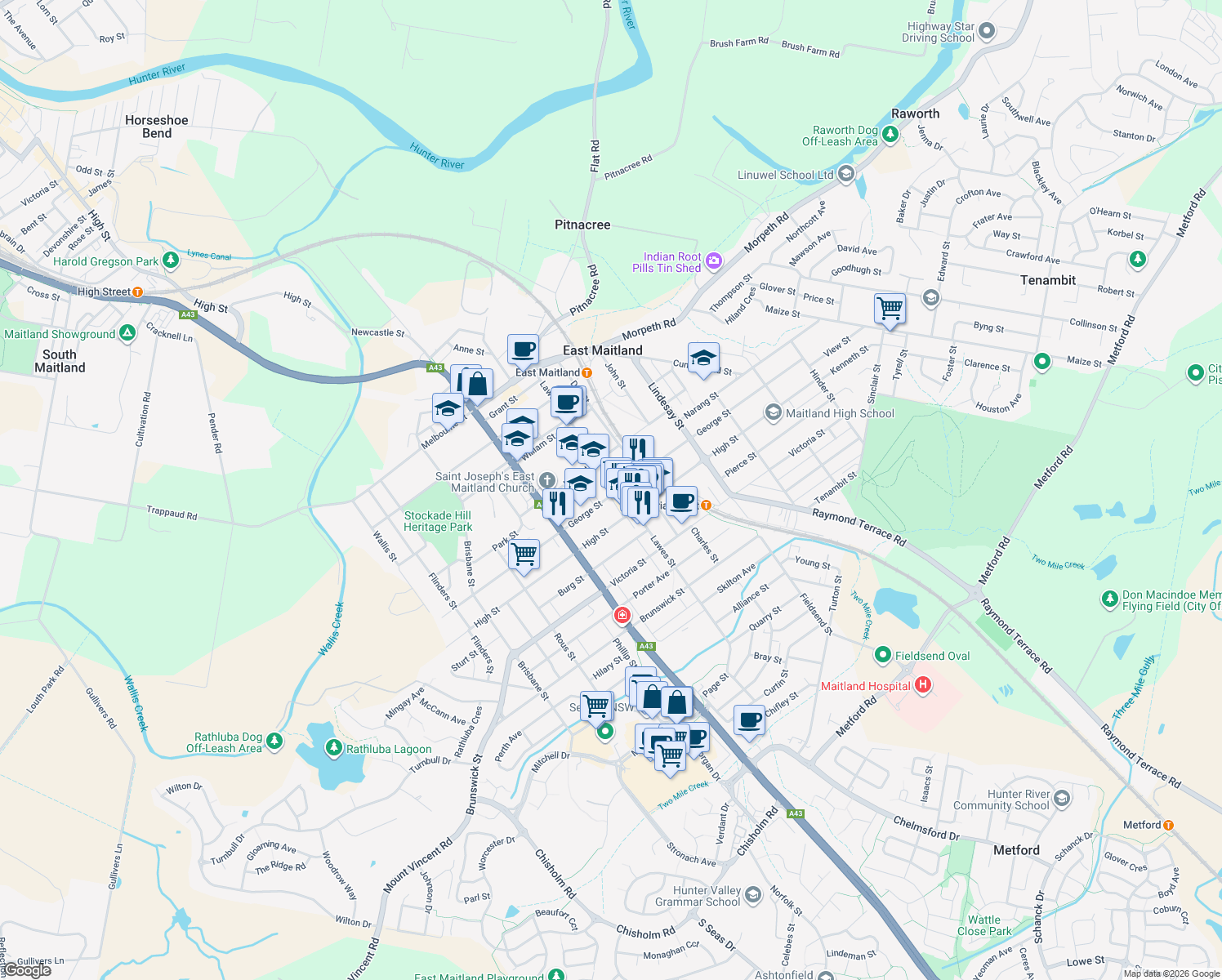 map of restaurants, bars, coffee shops, grocery stores, and more near 109 George Street in East Maitland