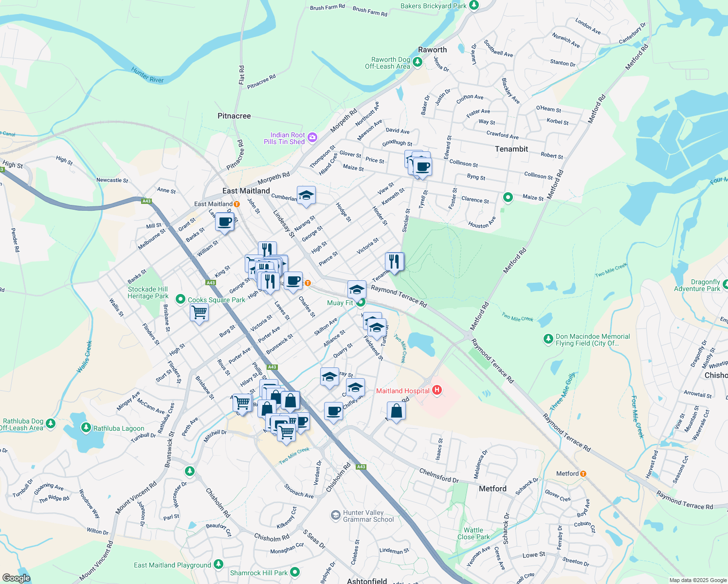 map of restaurants, bars, coffee shops, grocery stores, and more near 31 Raymond Terrace Road in East Maitland