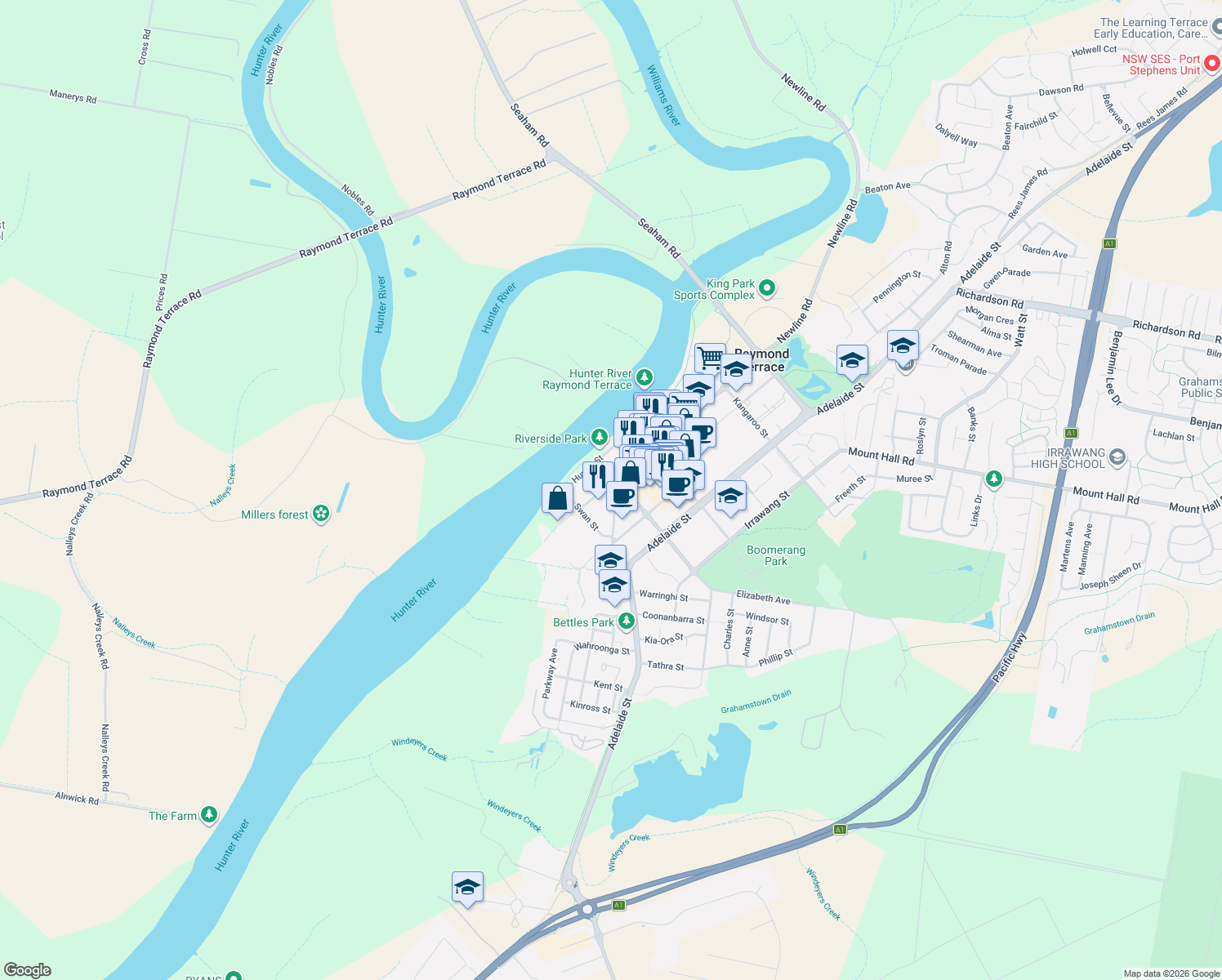 map of restaurants, bars, coffee shops, grocery stores, and more near 2A Jacaranda Avenue in Raymond Terrace