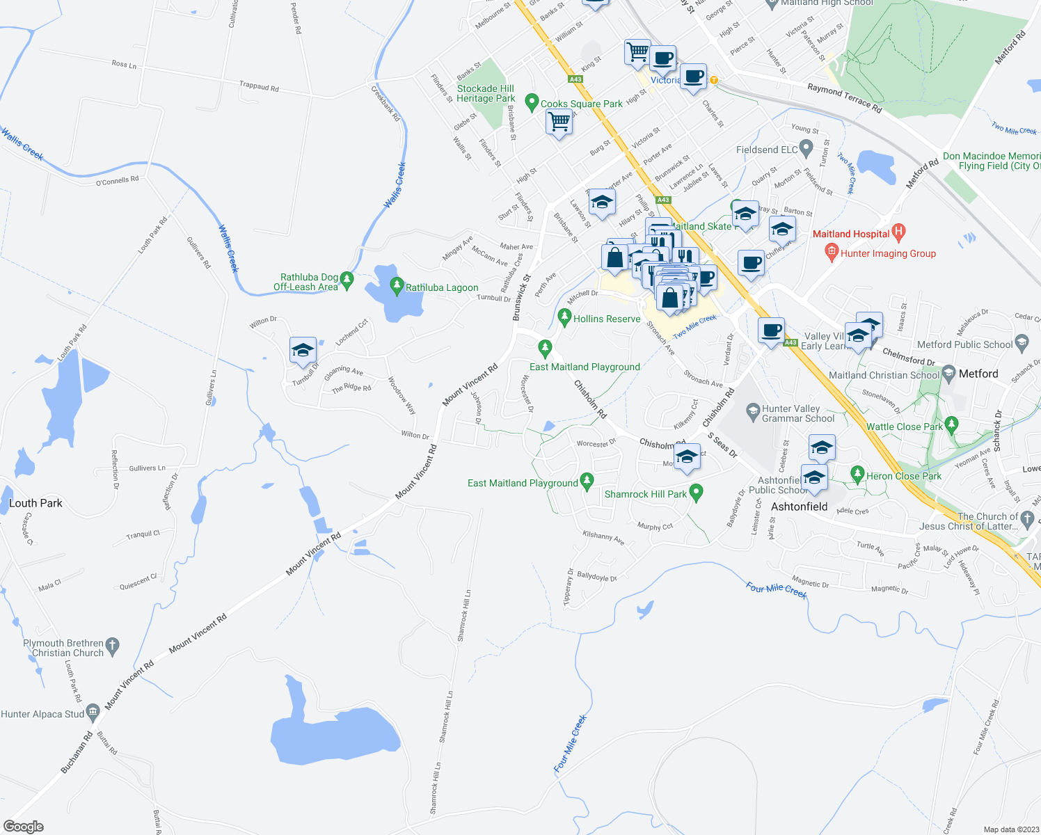 map of restaurants, bars, coffee shops, grocery stores, and more near 24 Parl Street in East Maitland