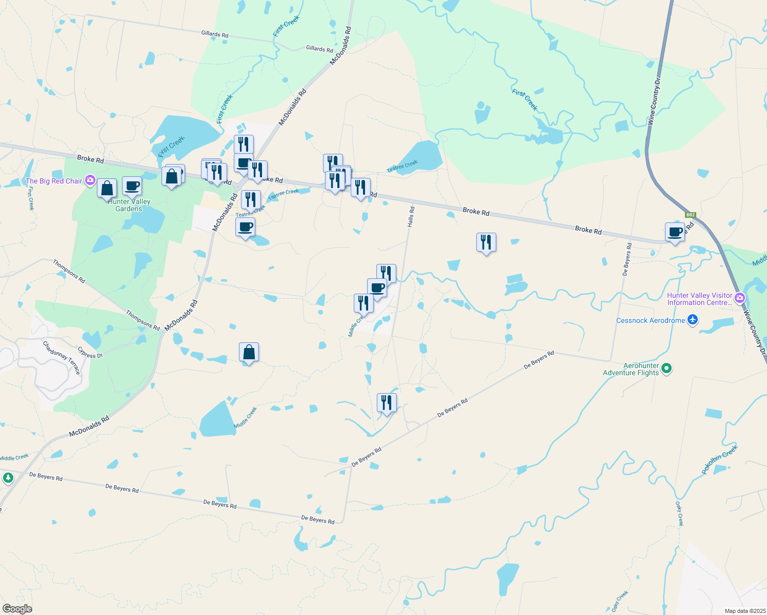 map of restaurants, bars, coffee shops, grocery stores, and more near 86 Halls Road in Pokolbin