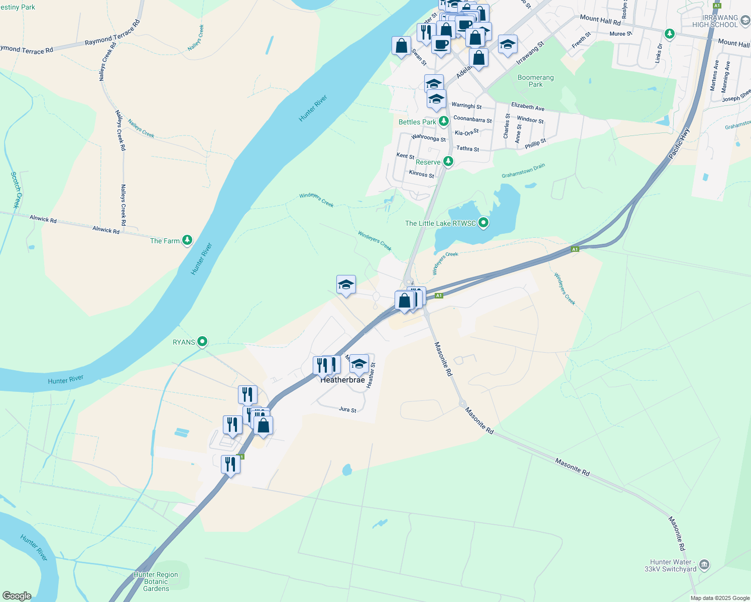 map of restaurants, bars, coffee shops, grocery stores, and more near Elkin Avenue in Heatherbrae