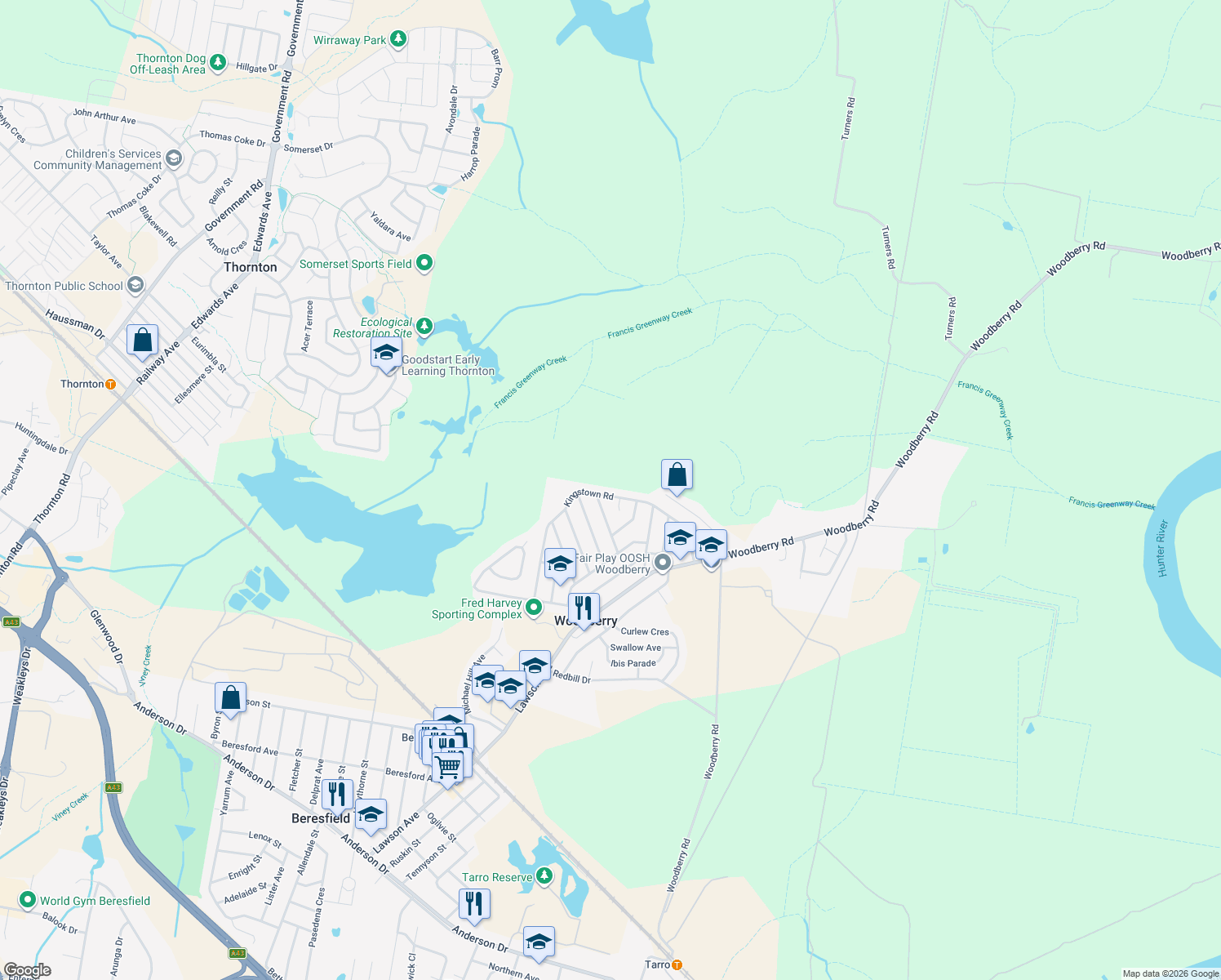 map of restaurants, bars, coffee shops, grocery stores, and more near 67 Kingstown Road in Woodberry