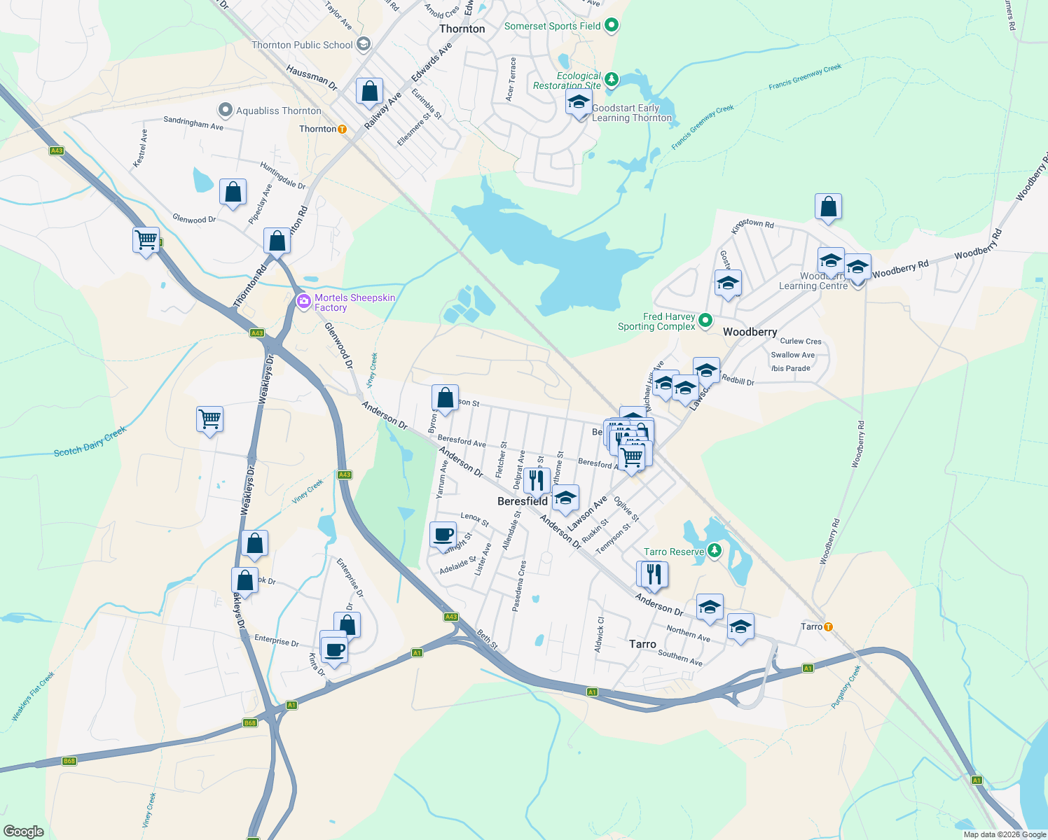 map of restaurants, bars, coffee shops, grocery stores, and more near 5 Delprat Avenue in Beresfield