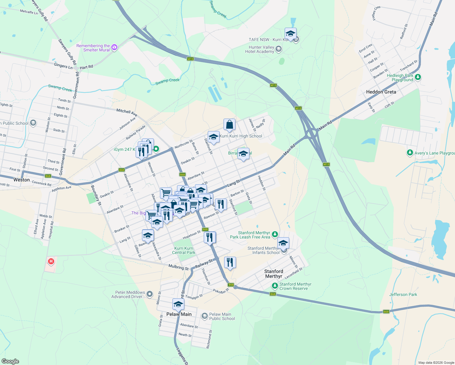 map of restaurants, bars, coffee shops, grocery stores, and more near 75 Lang Street in Kurri Kurri