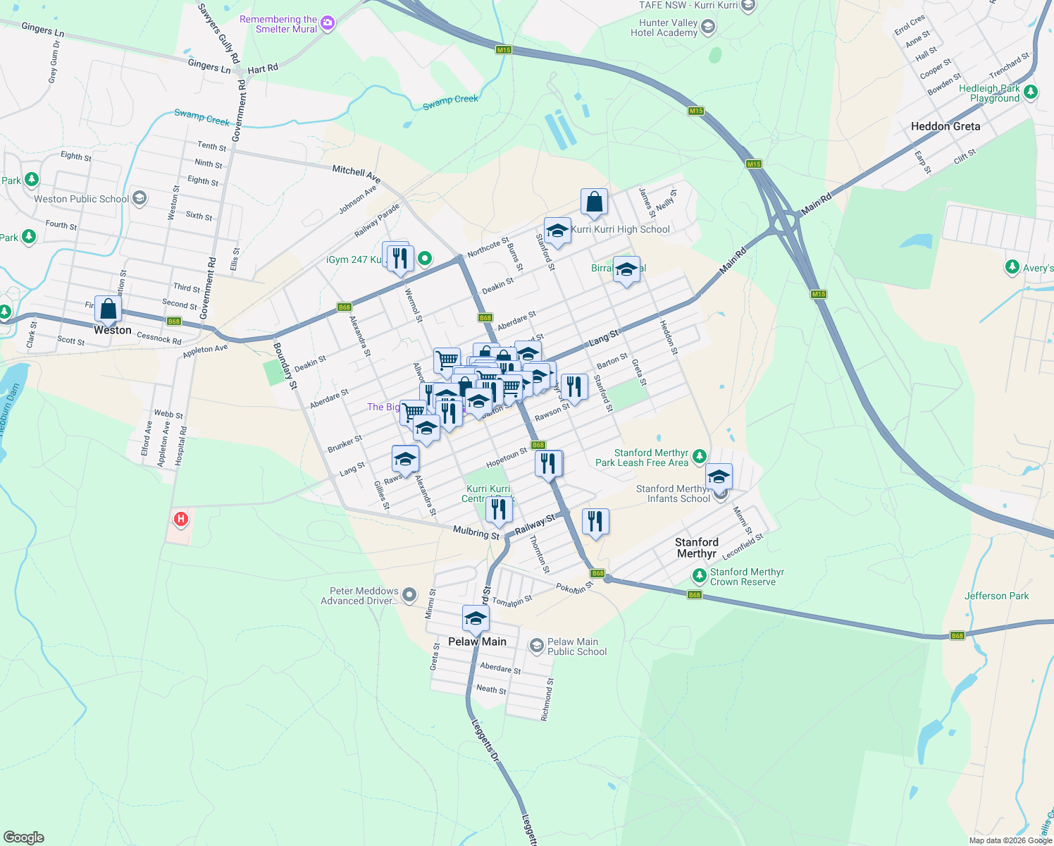 map of restaurants, bars, coffee shops, grocery stores, and more near Rawson Street in Kurri Kurri