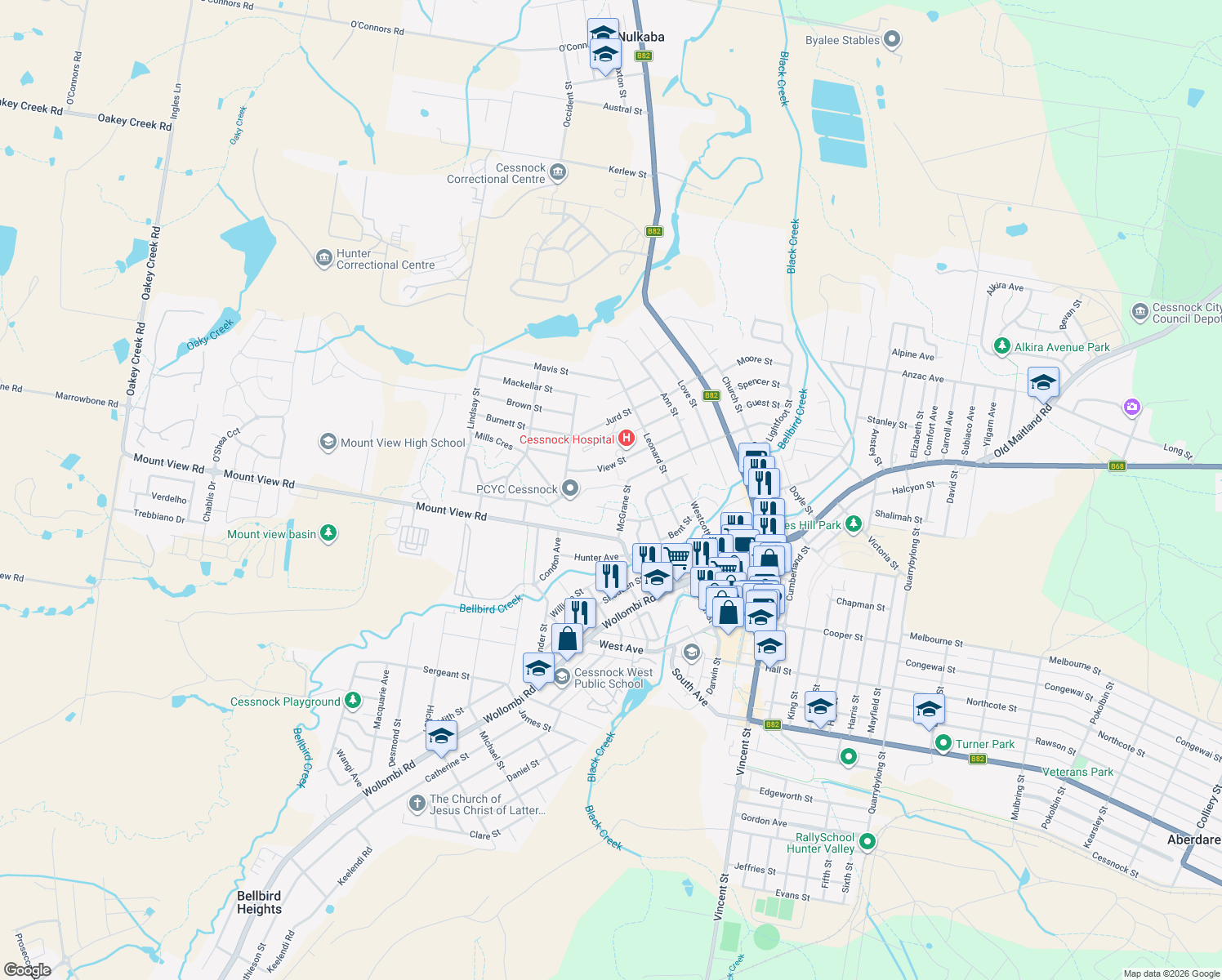 map of restaurants, bars, coffee shops, grocery stores, and more near 4 Fairview Place in Cessnock