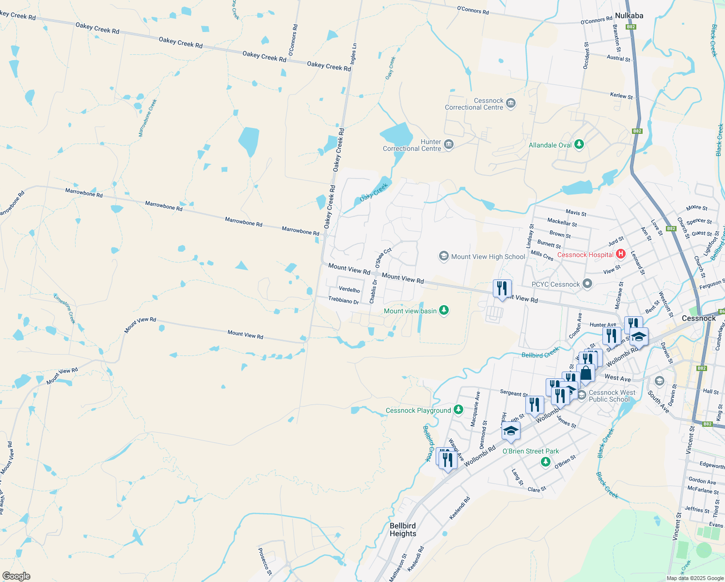 map of restaurants, bars, coffee shops, grocery stores, and more near 11 Tempranillo Crescent in Cessnock