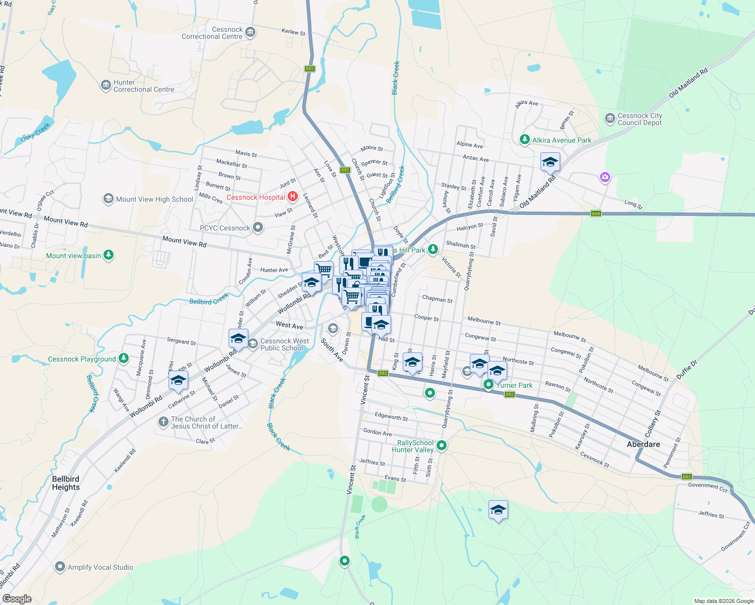 map of restaurants, bars, coffee shops, grocery stores, and more near 105 Vincent Street in Cessnock