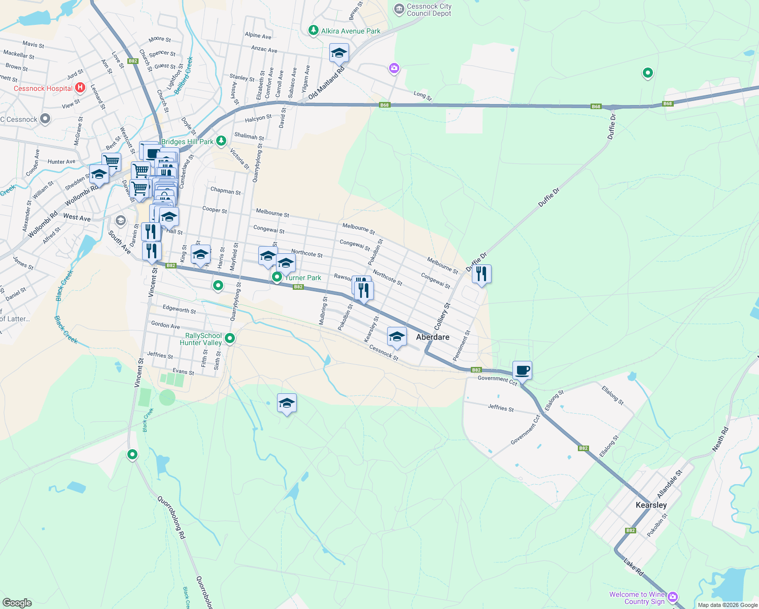 map of restaurants, bars, coffee shops, grocery stores, and more near 29 Kearsley Street in Aberdare