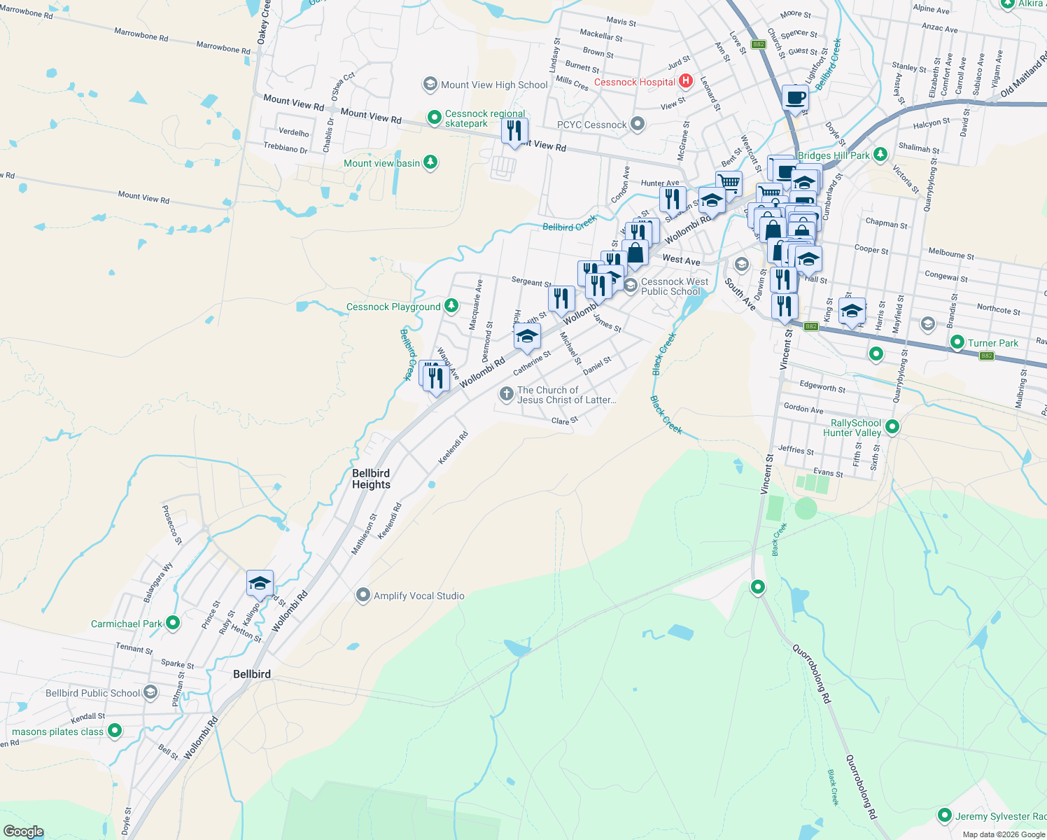map of restaurants, bars, coffee shops, grocery stores, and more near 43 Clare Street in Cessnock